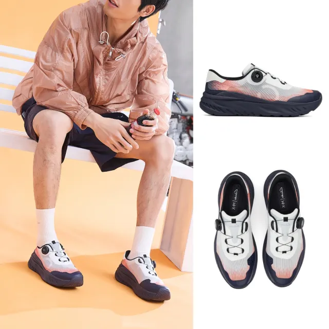 【Clarks】男鞋 微風跑-Zeph Run Rad織物旋鈕扣輕量厚底運動鞋 休閒鞋 增高鞋(深藍/橘色)(CLM87366C)