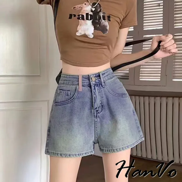 【HanVo】現貨 後口袋個性流蘇造型牛仔短褲(甜辣設計感高腰A字褲 韓系女裝 女生下著 A03-2099)