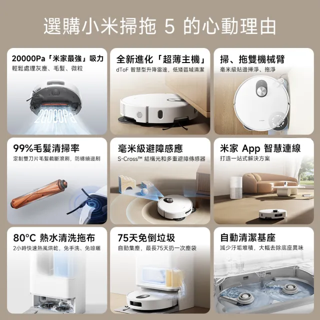 【小米】官方旗艦館 Xiaomi 掃拖機器人 5(超薄88mm/升降dToF/20000Pa吸力/80度熱水洗/伸縮機械臂)