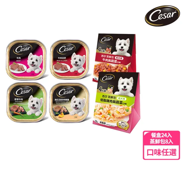 【Cesar 西莎】餐盒momo獨家組 餐盒*24+蒸鮮包*8(寵物/狗罐頭/狗食 任選)