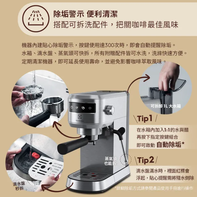 【Electrolux 伊萊克斯】極致美味500半自動義式咖啡機 兩色任選(E5EC1-51ST/E5EC1-51MB)
