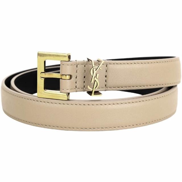 【YSL】CASSANDRE 2cm 金方釦標誌滑面牛皮腰帶-卡其色