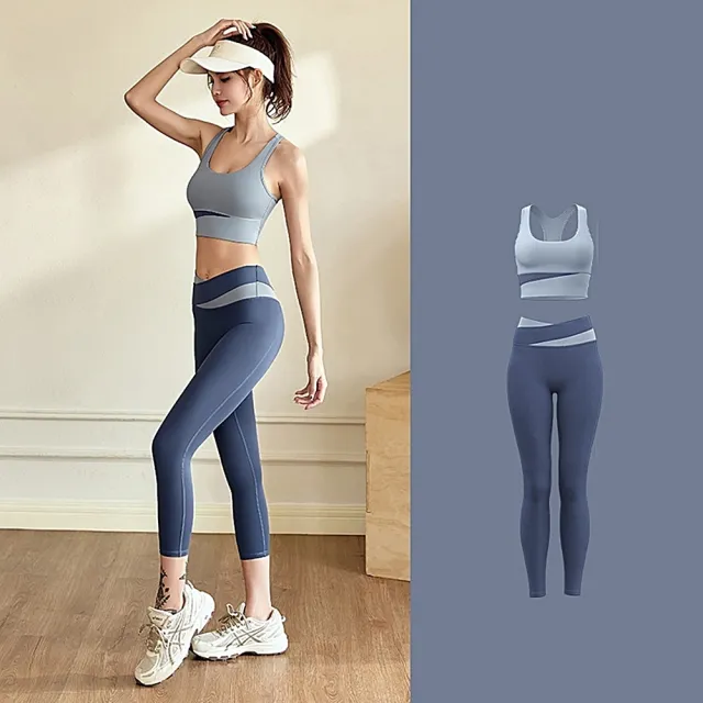 【米蘭精品】極速出貨  瑜珈服套裝無袖運動服運動上衣休閒女裝瑜伽褲運動內衣(彈力透氣修身長褲6色74ek1)