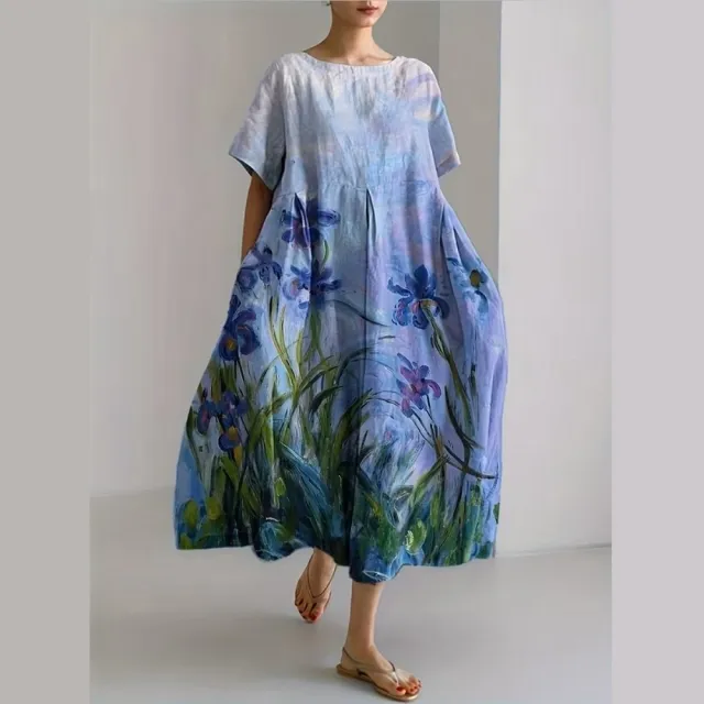【巴黎精品】現貨限搶 連身裙短袖洋裝大尺碼女裝(圓領寬鬆網版絹印顯瘦長裙女裙子22款b2a8)