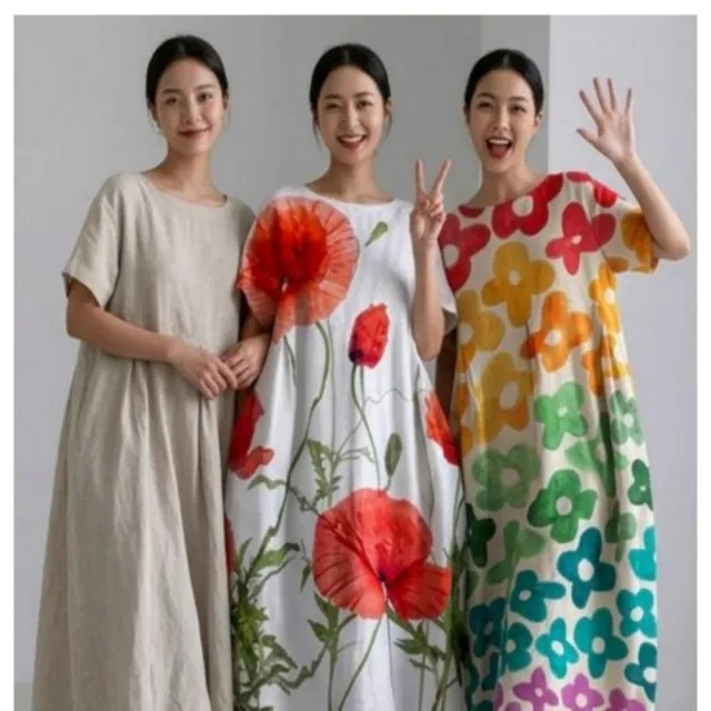【巴黎精品】現貨+預購 連身裙短袖洋裝大尺碼女裝(圓領寬鬆網版絹印顯瘦長裙女裙子22款b2a8 C)