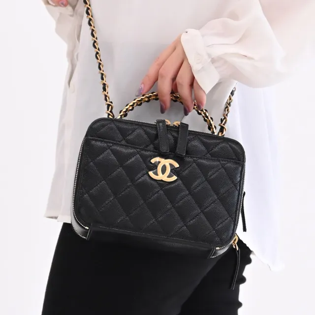 【CHANEL 香奈兒】品牌雙C LOGO菱格紋小牛皮雙層手提鍊包兩用包(黑/金)
