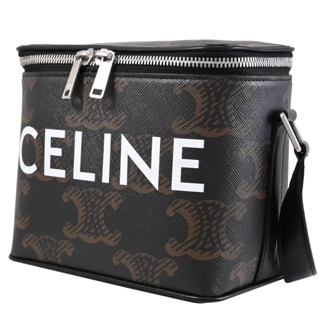 【CELINE】TRIOMPHE 品牌塗層印花拼接盒子造型斜背包(深咖/黑)