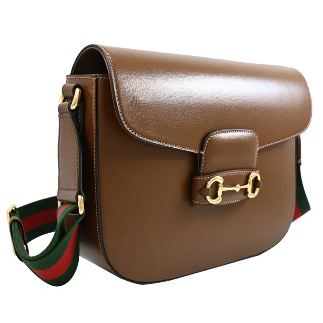 【GUCCI 古馳】Horsebit 1955 限定經典馬銜扣小牛皮翻蓋學院包斜背包(深棕 大款)
