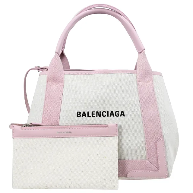 【Balenciaga 巴黎世家】NAVY 簡約LOGO厚帆布拼接附萬用袋大手提包托特包(米白)『entrupy安心購』