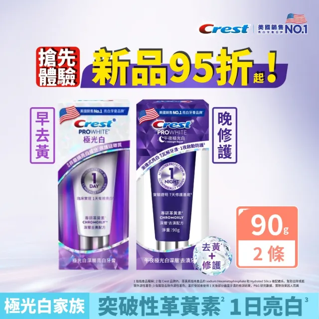 【Crest】1日亮白新客組-極光白深層亮白 美白牙膏90g 2入．牙齒美白(1天亮白/革黃素/牙齒美白/極光小白管)