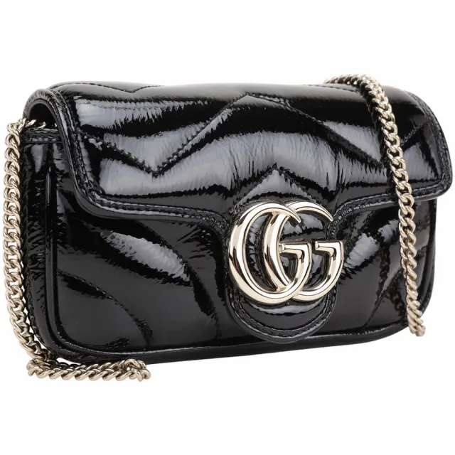 【GUCCI 古馳】GG Marmont 迷你款 山型絎縫漆皮鍊帶手拿 斜背包-黑色
