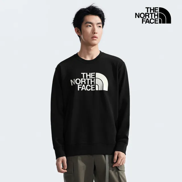【The North Face】北面男款黑色品牌LOGO印花長袖大學T｜8AT7JK3