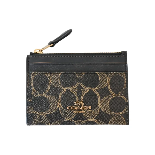 【COACH】塗鴉風棕黃色C Logo PVC 拼接皮革前卡夾鑰匙零錢包