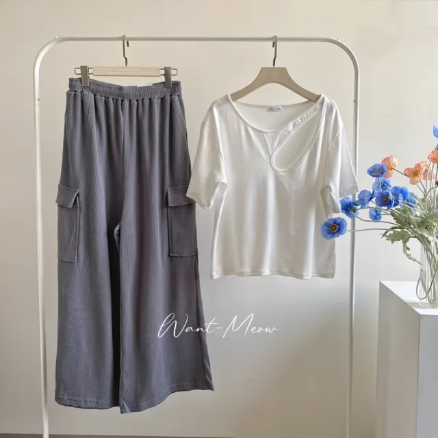 【Want-Meow】90公斤可穿/獨家訂做顯瘦很挺鬆餅格工裝寬褲工裝褲(大碼/大尺碼/加大碼/寬褲)