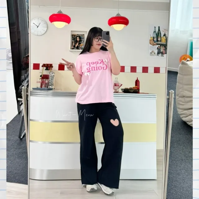 【Want-Meow】80公斤可穿/韓系愛心寬褲棉褲鬆緊褲頭抽繩長褲(大碼/大尺碼/加大碼/寬褲)