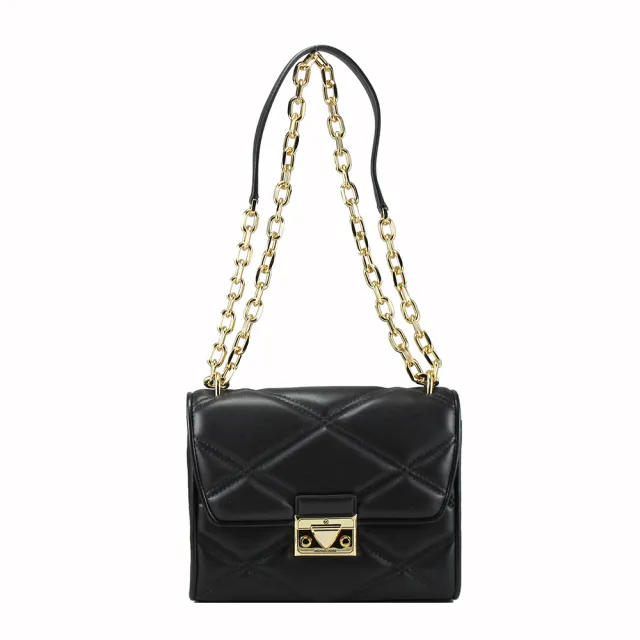 【Michael Kors】高雅菱格紋金屬鍊帶上掀斜背包(金黑)