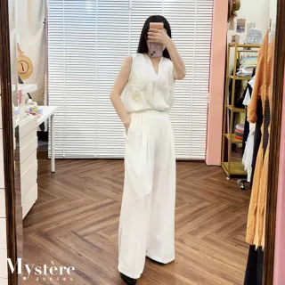 【my stere 我的時尚秘境】繡花V領背心寬褲 兩件式套裝 白色 背心套裝 棉麻套裝 氣質套裝
