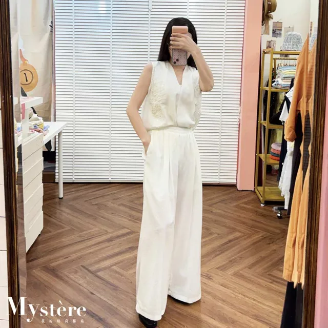 【my stere 我的時尚秘境】繡花V領背心寬褲 兩件式套裝 白色 背心套裝 棉麻套裝 氣質套裝