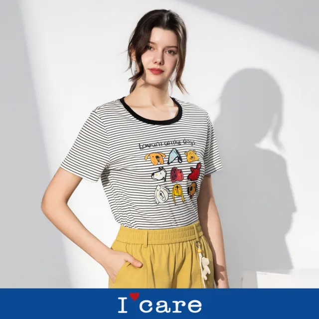 【I’Care 依卡】現貨-可愛卡通頭橫紋美式休閒T恤 - 2色（F）｜卡通T恤 美式穿搭 休閒穿搭
