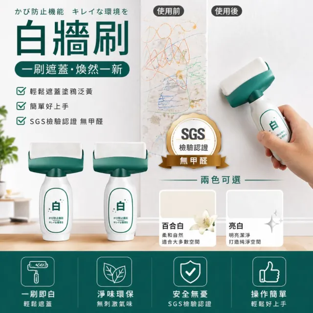 【寶媽咪】台灣草本防黴白牆刷2入(整修裝潢/無甲醛/防黴不泛黃/植物性配方/裂縫/牆壁補牆膏)