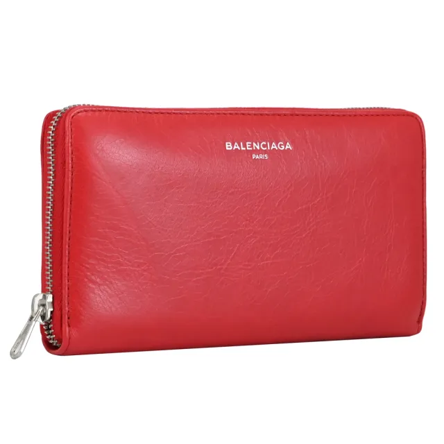 【Balenciaga 巴黎世家】經典燙印LOGO小牛皮拉鍊長夾(紅)