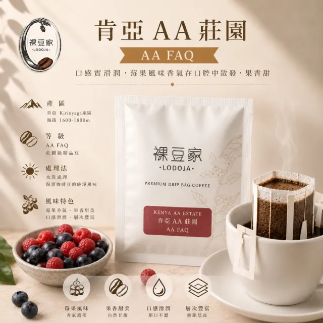【LODOJA 裸豆家】肯亞AA莊園手挑 精品 濾掛咖啡30入(12g/包 淺烘培 莊園 接單現烘 阿拉比卡豆)