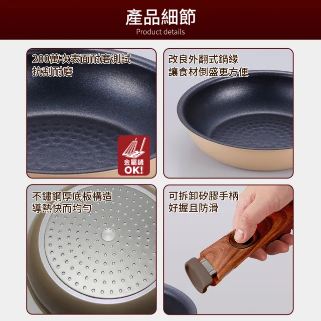 【TAKECAN 竹原】日本製和樂亭Torepan可拆卸手柄IH不沾鍋3件組(平底鍋20+26cm+手把)可用金屬鏟/適用烤箱