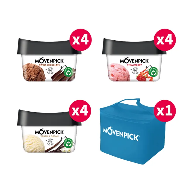 【Movenpick 莫凡彼】100ml冰淇淋12入禮袋組(夢幻香草*4+草莓*4+金典巧克力*4)