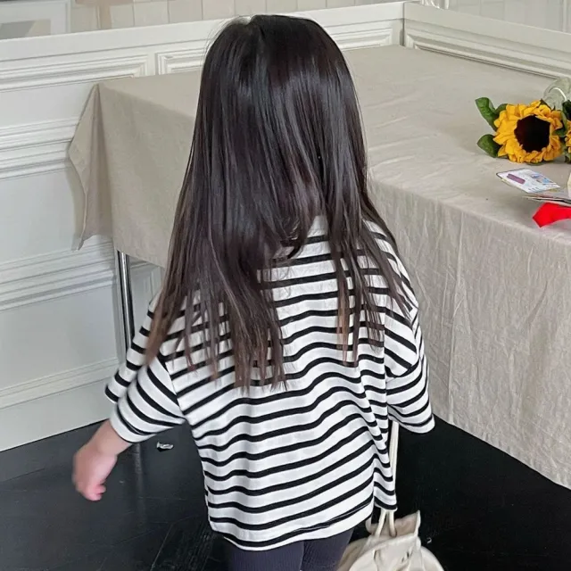【橘魔法】口袋熊標黑白條紋寬鬆短袖上衣 男童 女童 兒童 童裝 T恤 棉T T-Shirt 中性款