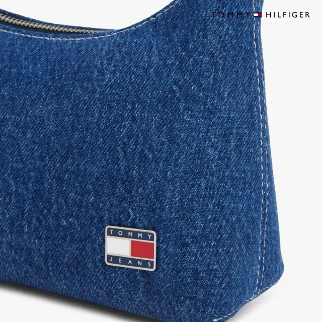 【TOMMY HILFIGER】官方旗艦館標誌飾牌牛仔布單肩包_藍色