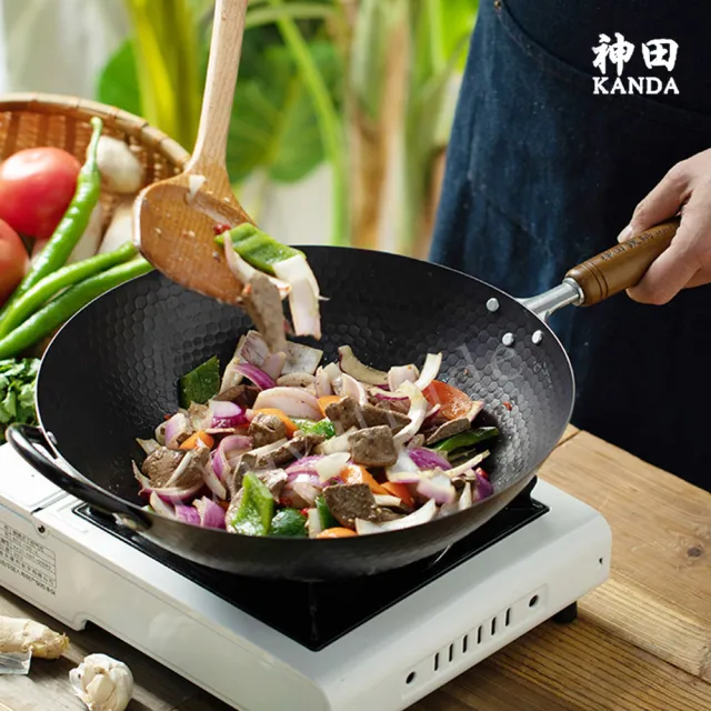 【神田】KANDA 日本製 窒化鐵 槌目紋 無塗層鐵炒鍋 鐵鍋 IH爐可用鍋 30cm(贈玻璃鍋蓋+木鏟)