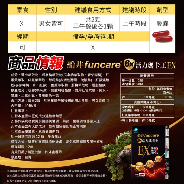 【funcare 船井生醫】6X活力瑪卡王膠囊EX 40顆/盒x4+10顆/盒x2(共180顆) (添加鋅/紅景天/瓜拿納/紅蔘/薑黃/