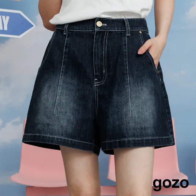 【gozo】修身廓型後鬆緊打摺牛仔短褲(深藍/淺藍)