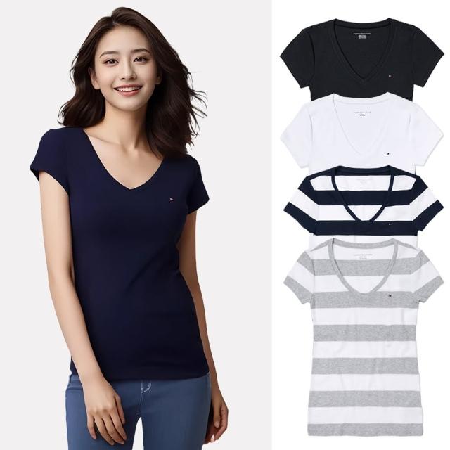 【TOMMY HILFIGER】TOMMY 經典V領刺繡小LOGO素面短袖T恤-女-多色選(平輸品/素T/短T)