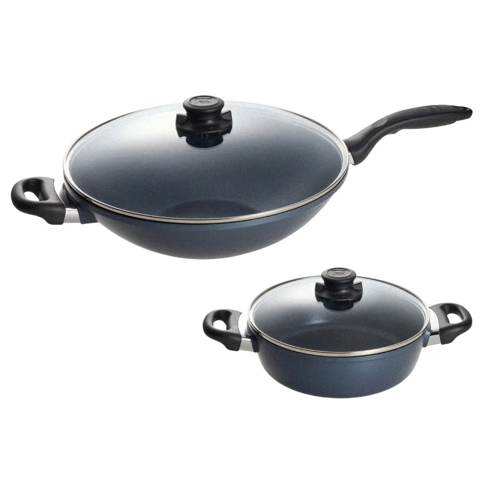 【CorelleBrands 康寧餐具】WORLD KITCHEN 大金藍寶石鑄造不沾深炒鍋32cm+24cm湯鍋(含蓋)