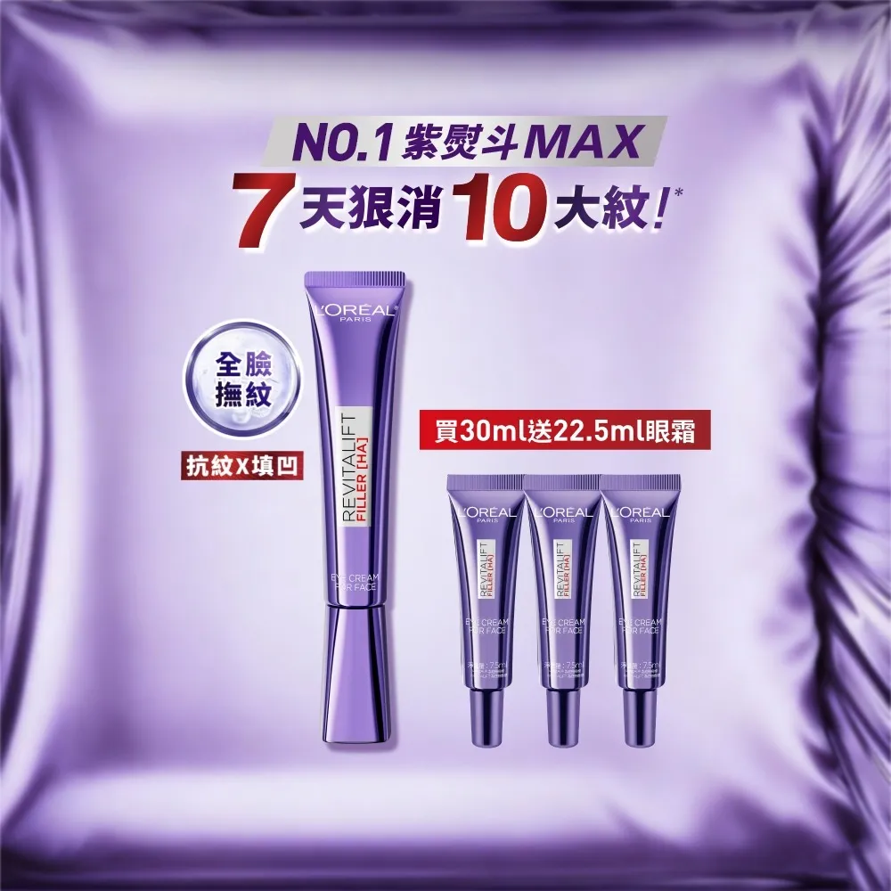 【L’OREAL Paris 巴黎萊雅】全新升級! 玻尿酸眼霜級撫紋精華霜30ml(紫熨斗MAX3.0版)