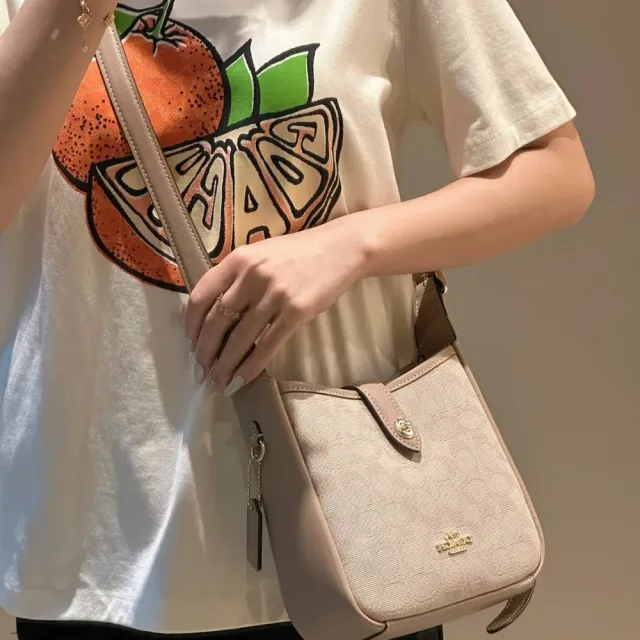 【COACH】HADLEY 迷你滿版C LOGO 單寧牛仔/奶茶緹花拼接斜背包