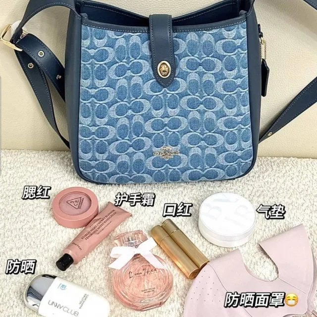 【COACH】HADLEY 迷你滿版C LOGO 單寧牛仔/奶茶緹花拼接斜背包