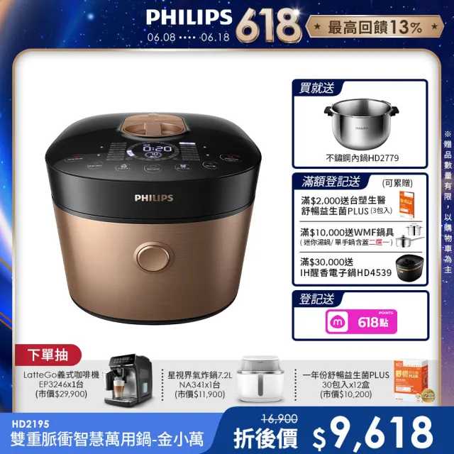 【Philips 飛利浦】雙重脈衝智慧萬用鍋/壓力鍋_HD2195_金小萬