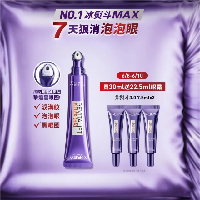 【L’OREAL Paris 巴黎萊雅】全新升級!玻尿酸眼霜級撫紋精華霜30ml_按摩頭版(冰熨斗MAX3.0)