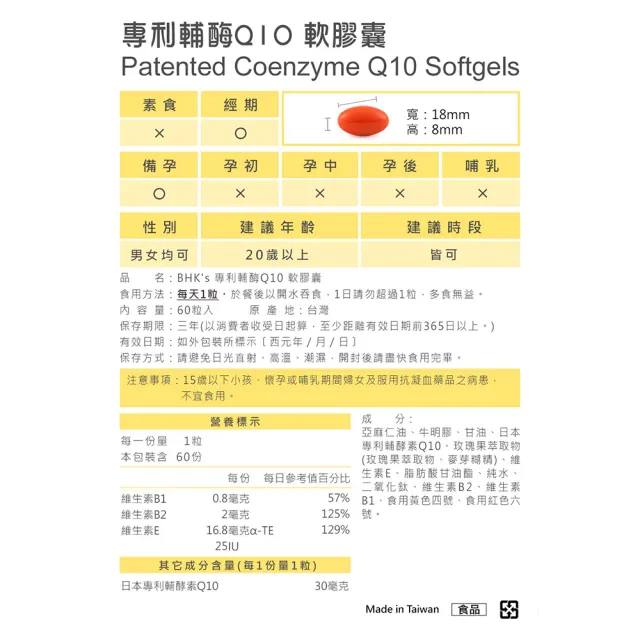 【BHK’s】專利輔酶Q10 軟膠囊 1盒(60粒/盒)