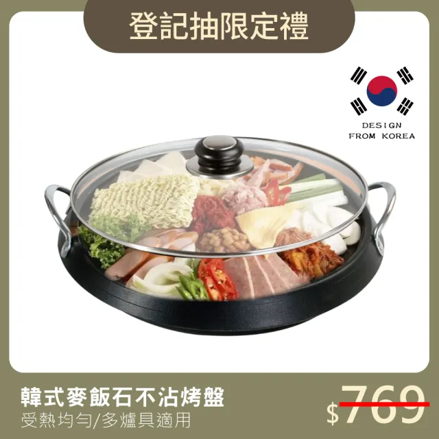 【新錸家居★限時特價】韓國式麥飯石多功能圓形不沾烤盤附玻璃蓋(多爐具適用電磁爐瓦斯爐/部隊火鍋壽喜燒)