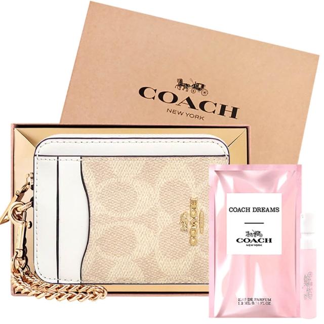 【COACH】大C PVC金屬鏈帶證件卡夾/零錢包+品牌經典隨身小香(象牙白色)