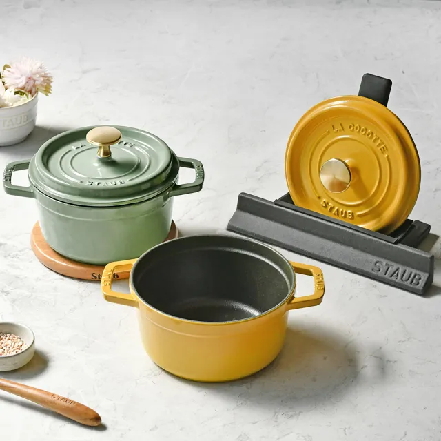 STAUB】圓型琺瑯鑄鐵鍋16cm＋鍋蓋放置架(德國雙人牌集團官方直營