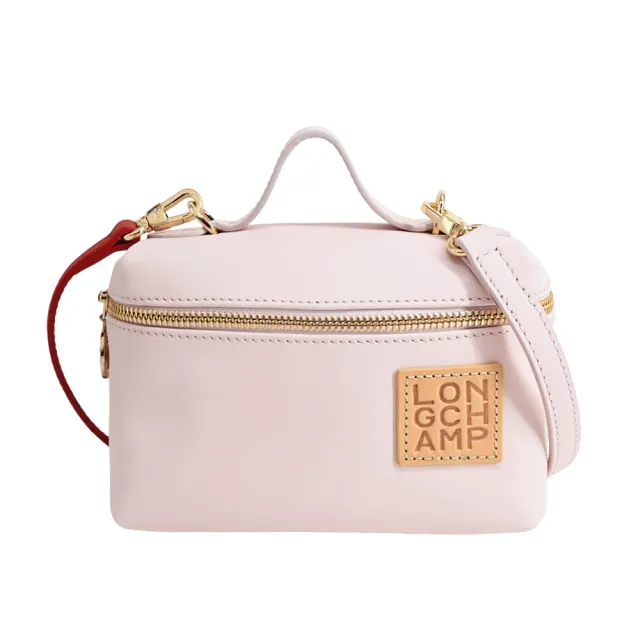 【LONGCHAMP】LE PLIAGE XTRA系列牛皮壓印貼片雙背帶化妝肩背/斜背包(迷你/芭蕾粉)
