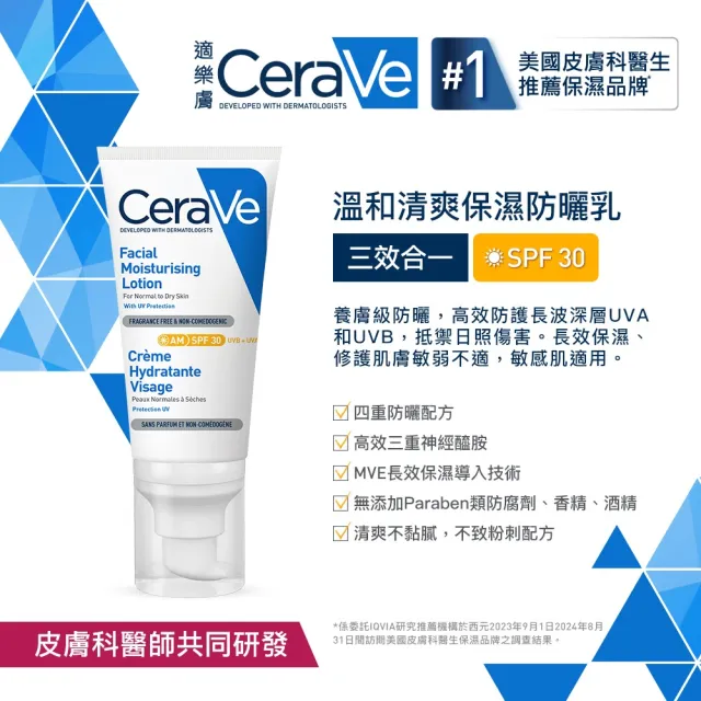 【CeraVe適樂膚】全新升級! 溫和清爽保濕防曬乳SPF30 52ml