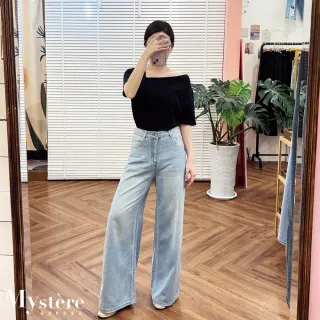 【my stere 我的時尚秘境】不對稱斜領彈性上衣 黑色 棉質上衣 彈性上衣 簡約上衣 斜肩上衣