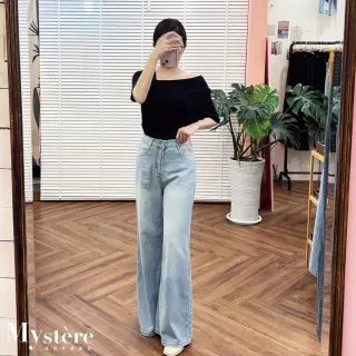 【my stere 我的時尚秘境】不對稱斜領彈性上衣 黑色 棉質上衣 彈性上衣 簡約上衣 斜肩上衣