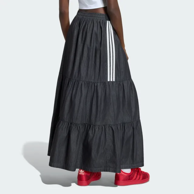 【adidas 愛迪達】單寧長裙(KY8114 女款ORIGINALS休閒牛仔蛋糕長裙 黑色)