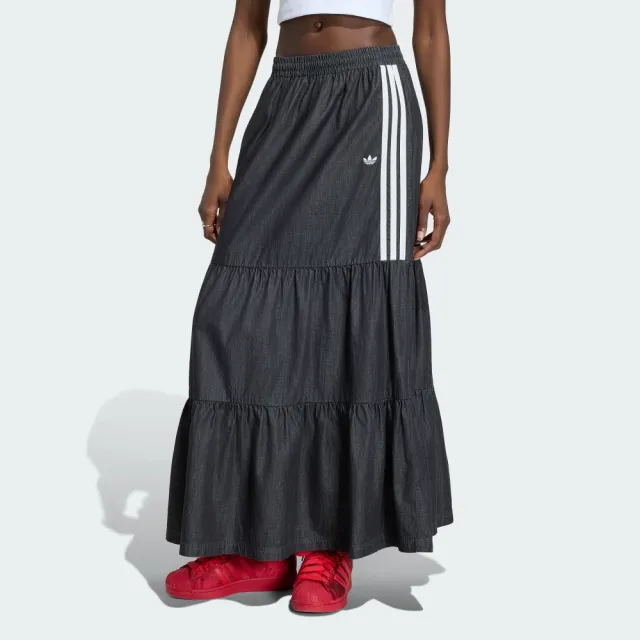【adidas 愛迪達】單寧長裙(KY8114 女款ORIGINALS休閒牛仔蛋糕長裙 黑色)
